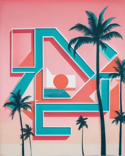 Miami-inspired architectural sign design, modern tropical vibe, 3D metallic letters, glossy finish, pastel-colored neon lights, palm tree silhouettes, art deco patterns, ocean wave motifs, vibrant cor