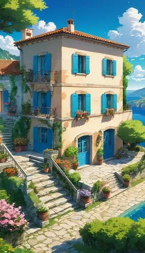 home landscape,dreamhouse,apartment house,private house,roof landscape,beautiful home,holiday villa,country estate,tuscan,apartment complex,house by the water,estates,large home,villa,lonely house,small house,portofino,hillside,apartment building,rouran,Illustration,Japanese style,Japanese Style 03