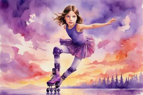 Niña ocho años patinaje artístico con patines de ruedas sobre lago de fuego , salto acrobático , puesta de sol entre nubes moradas,artistic roller skating,roller skate,la violetta,dance with canvases,