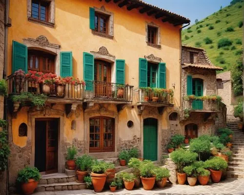 Vernacular architecture, traditional building style, rustic materials, wooden structure, clay tiles, stone walls, curved lines, ornate decorations, colorful facades, balconies with intricate ironwork,