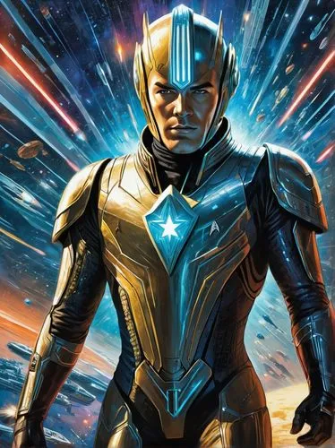 an amazing cybernetic warrior in the middle of the galaxy, a kind of space hero drifting in the open space, (sci fi, fantasy), detailed, complex, sophisticated,  (("Star Trek" movie style)),nova,cyber