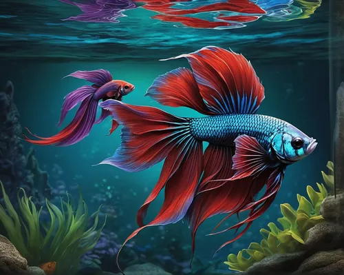 siamese fighting fish,betta splendens,ornamental fish,fighting fish,betta,betta fish,beautiful fish,aquarium decor,discus fish,tropical fish,coral reef fish,underwater background,underwater fish,blue stripe fish,koi fish,fish in water,blue fish,marine fish,aquarium inhabitants,red fish,Conceptual Art,Fantasy,Fantasy 30