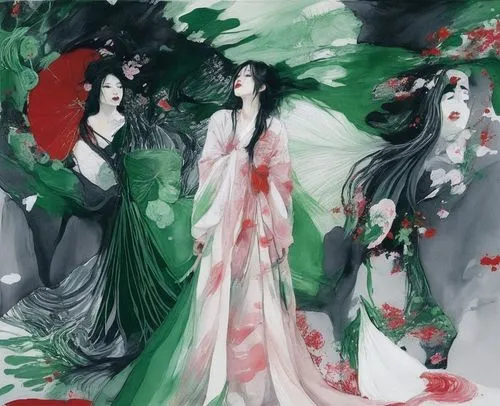 geishas,norns,hanfu,priestesses,amaterasu,japanese art,Illustration,Paper based,Paper Based 20