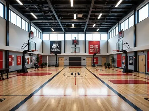 Modern gymnasium interior, polished wooden floors, professional-grade sports equipment, basketball hoops, volleyball nets, athletic tracks, mirrored walls, high ceilings, natural light influx, LED lig