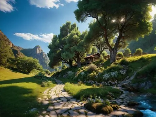 fantasy landscape,landscape background,home landscape,mountain stream,hobbiton,cartoon video game background,green landscape,hiking path,brook landscape,mountain scene,mountain landscape,world digital painting,nature landscape,green valley,pathway,druid grove,salt meadow landscape,mountain spring,rural landscape,fantasy picture