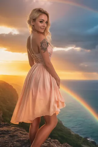 Woman standing on a cliff in front of the sunset, beautiful scenery, highly realistic, barefoot, rainbow,,rainbow background,celtic woman,wallis day,fae,pixie,pixie-bob,lycia,cape byron lighthouse,byr