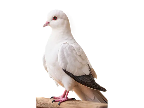 White dove, solo, perched, (close-up), gentle eyes, soft feathers, fluffy wings, pink beak, peaceful atmosphere, warm sunlight, shallow depth of field, 3/4 composition, cinematic lighting.,white pigeo