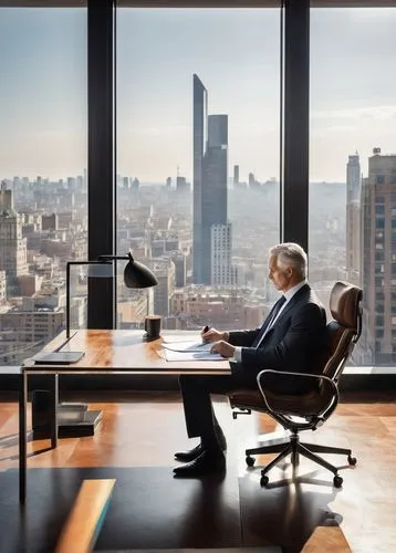 Male, mature, professional, architect, sitting, desk, papers, pens, coffee cup, modern office, cityscape view, glass window, steel frame, minimalist decor, leather chair, wooden floor, creative lighti