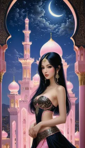 rem in arabian nights,oriental princess,bellydance,islamic girl,sheherazade,arabic background,Illustration,Realistic Fantasy,Realistic Fantasy 08