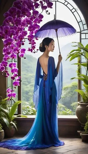 jasmine blue,oriental princess,blue rose,blue enchantress,parasol,asian umbrella,miss vietnam,summer umbrella,jasmine flower,fantasy picture,vietnamese woman,ao dai,jasmine,blue peacock,jasmine blossom,blue hydrangea,blue petals,umbrella,fairy peacock,rapunzel,Photography,General,Realistic