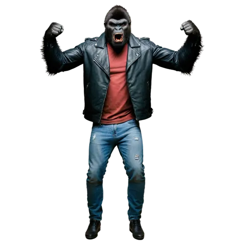 Furious gorilla, angry facial expression, sharp teeth, muscular arms, hairy chest, powerful legs, ripped jeans, black leather jacket, urban background, dramatic lighting, shallow depth of field, 3/4 c