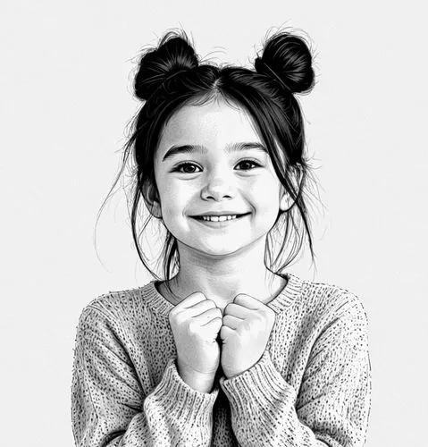 女生，黑色头发，白色毛衣，黑白，线稿，线条艺术,a little girl with ponytails holding her hands together,sharlene,elif,gapkids,girl on a white background,a girl's smile,children's photo shoot,Design Sketch,Design Sketch,Black