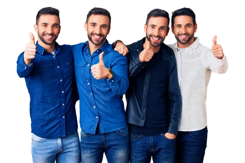 International Men's Day, happy men, smiling faces, bearded, mustache, stylish hair, casual wear, denim jeans, white shirts, leather belts, sporty watches, muscular arms, confident postures, thumbs up,