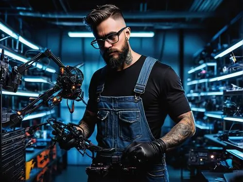 Stinger creator, male, muscular, mature, bearded, messy short hair, black-rimmed glasses, tattoos on arms, worn denim overalls, black leather gloves, holding a stinger drone, standing in a futuristic 