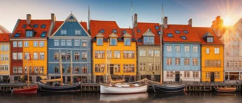 Famous Danish architecture, Nyhavn harbor, colorful townhouses, half-timbered buildings, ornate facades, steeply pitched roofs, dormer windows, brick walls, cobblestone streets, sailing boats docked, 