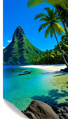 Philippines scenery, tropical island, white sandy beach, swaying palm trees, crystal clear turquoise water, coral reefs, rocky cliffs, Mayon Volcano, jeepney, Filipino clothing, colorful festival cost