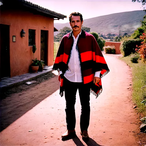 South American poncho, paisa man, mature, rugged face, dark eyes, bushy eyebrows, mustache, messy black hair, colorful woven poncho, white shirt, dark pants, leather boots, standing, relaxed pose, war