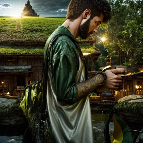 fantasy picture,digital compositing,watchmaker,fantasy portrait,photo manipulation,fantasy art,game illustration,merchant,world digital painting,hobbiton,photomanipulation,robin hood,apothecary,photoshop manipulation,green dragon,saint mark,biblical narrative characters,snake charming,gardener,the wanderer