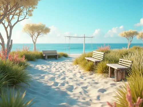 beach landscape,beach grass,beach furniture,dream beach,beach scenery,beach chairs,render,3d rendered,3d render,3d rendering,white sandy beach,beach chair,seaside country,beachfront,seclude,beautiful beach,the beach-grass elke,seaside view,beautiful beaches,wood and beach,Photography,General,Realistic