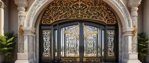 Grand, luxurious entrance gate, ornate ironwork, golden accents, large stone pillars, intricate carvings, majestic archway, modern minimalist design, sleek lines, stainless steel frame, frosted glass 