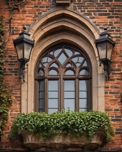 Gable roof, medieval-inspired, grandiose, symmetrical facade, pointed arch windows, ornate stone carvings, rusty brown brick walls, ivy crawling up sides, steeply pitched roof, terra cotta tiles, chim