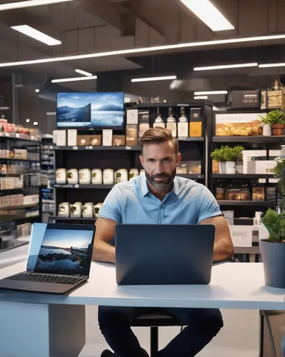 hyper-realistic portrayal of a modern smartphone and computer store with a small business owner at 40 years old seated at a laptop. Man is in delight using his laptop. The cinematic scene is meticulou