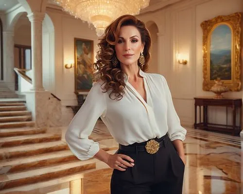 Italian mature lady, Tonia Catalano, solo, (40yo), elegant detailed facial features, subtle makeup, curly brown hair, golden earrings, white blouse, black high-waisted pants, stiletto heels, luxury ha