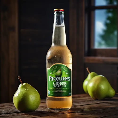 Glass bottle, humidity, water droplets, Dark green Pear Cooler, pear cider, standing on a dark wooden table,apple beer,apple cider,cider,hoptree,green apple,apple mountain,apple juice,granny smith app