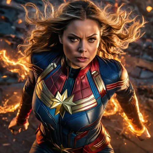 Capitana Marvel with the face of Ornella Muti, very angry,captain marvel,avenger,superhero background,power icon,marvels,marvelous,marvel,nova,fire background,captain american,wonderwoman,capitanameri