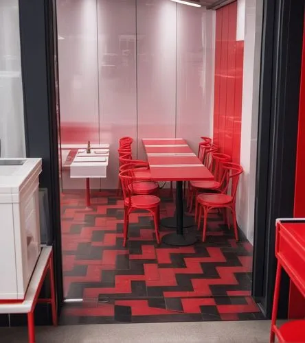 Une boucherie, seulement le couleur rouge etTables et chaises à l'intérieur du magasin, viandes grillées à l'extérieur et le sol du magasin est en noir et blanc,kitchenette,retro diner,fast food resta