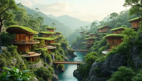 shaoming,asian architecture,tailandia,tigers nest,shangrila,hushan,rivendell,hanging houses,shangri,stilt houses,guilin,yangling,wudang,amanresorts,paradis,halong,southeast asia,japan landscape,mountain settlement,floating huts,Photography,General,Realistic