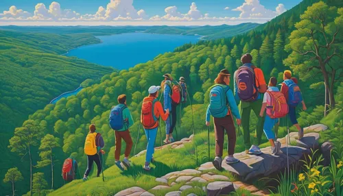 hikers,travelers,forest workers,pilgrims,people in nature,the spirit of the mountains,outdoor recreation,the descent to the lake,mountain scene,hiker,seven citizens of the country,appalachian trail,escarpment,oil painting on canvas,girl scouts of the usa,mountain hiking,scouts,boy scouts of america,migration,hike,Conceptual Art,Daily,Daily 29