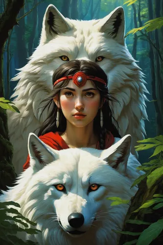 Princess Mononoke by gogo1409,red riding hood,kitsune,shamanic,two wolves,wolf couple,pocahontas,shamanism,druids,fantasy portrait,little red riding hood,warrior woman,cherokee,fantasy picture,fantasy