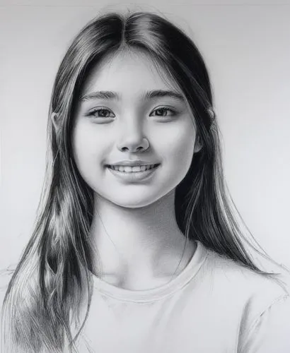 女孩，白色衬衫，黑色长发，黑白,a  with long hair poses for the camera,sharlene,girl drawing,graphite,girl portrait,cornelisse,charcoal pencil,rajawongse,digital painting,young girl,pencil drawing,portrait background