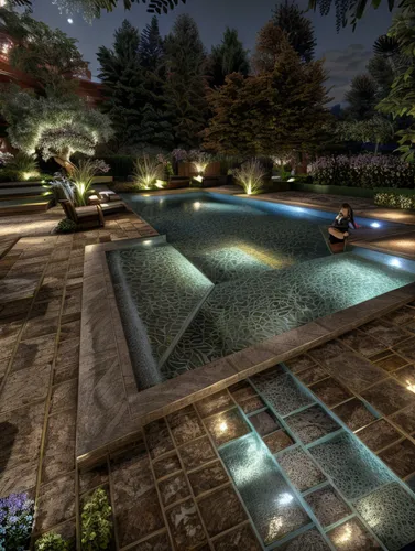 landscape lighting,reflecting pool,outdoor pool,swimming pool,the park at night,fountain pond,infinity swimming pool,zen garden,pool house,ambient lights,k13 submarine memorial park,fish pond,water feature,nightscape,courtyard,night image,paving slabs,swim ring,paved square,garden pond