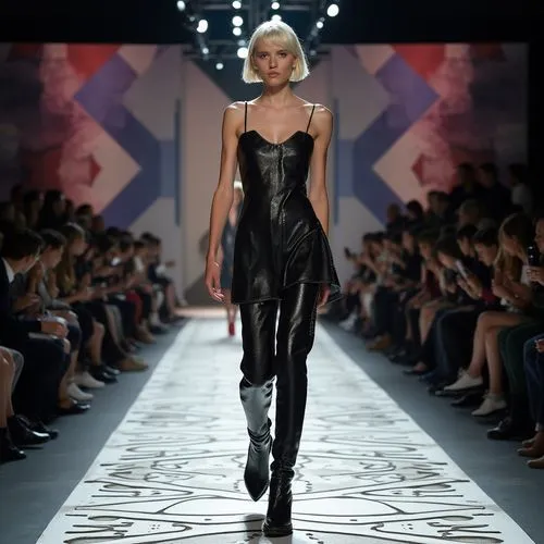 "Imagine a model strutting down a brightly lit runway, wearing an elegant and contemporary outfit. The focal point of the show is a pair of thigh-high leather boots, oversized and perfectly tailored w