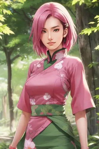  Heavy makeup, messy dyed hair, angular cheekbones, small eyes, thin lips, low nose, upper body,a cartoon woman in a pink and green outfit,japanese sakura background,kunoichi,komachi,sakura background