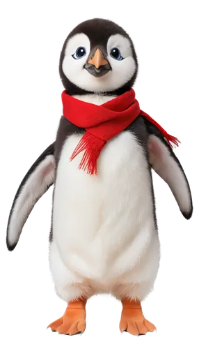 Adorable penguin, wearing red woolen scarf, tuxedo-like feathers, little flippers, cute beak, shiny eyes, solo, (3yo), standing upright, looking up, winter scene, softbox lighting, 3/4 composition, pa