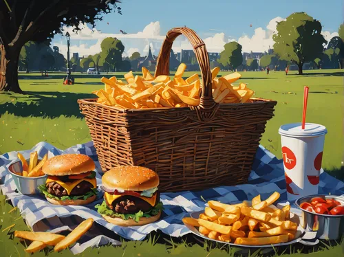 Picture a picnic in the park, with a basket filled with hamburgers and fries.,picnic basket,picnic,burger and chips,grilled food sketches,burger king premium burgers,fast-food,fast food restaurant,fas