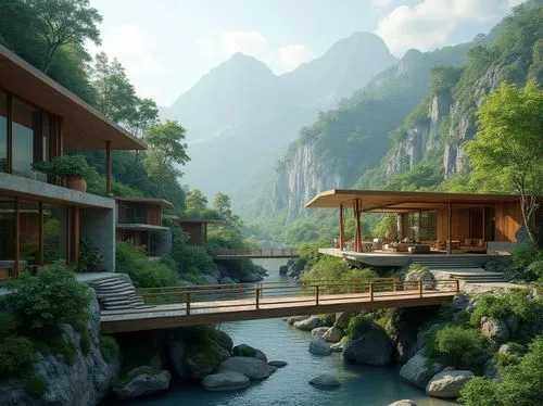 house in the mountains,house in mountains,shaoming,tigers nest,fallingwater,asian architecture,hushan,amanresorts,wudang,taroko,shangri,wenchuan,house by the water,halong,teahouse,floating huts,luxury property,huashan,beautiful home,home landscape,Photography,General,Realistic