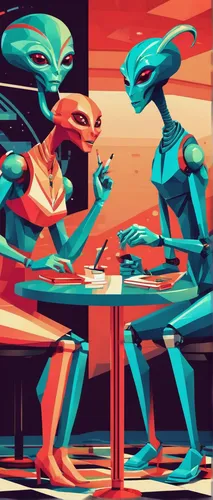 Write a dialogue between two aliens at Chalmun's Cantina,sci fiction illustration,extraterrestrial life,dining,game illustration,diner,dinner for two,aliens,scifi,arm wrestling,anaglyph,a meeting,brea