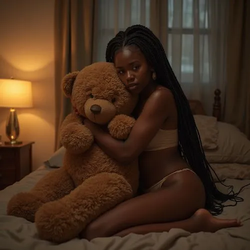 FULL COLOR IMAGE FULL COLOUR IMAGE

cute nerdy chubby big beautiful black woman long braided hair wearing socks, satin under garments. in her bedroom at night hugging a giant teddy bear
,a girl sittin