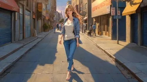 comic painting: young woman (barefoot, barefooted, bare toes, bare soles) walks through urban street, casual urban streetwear, long jeans levi's 501, sundown, evening,a  walking on the sidewalk,girl w