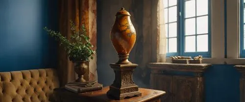 the vase on top of the small table is in a blue room,blue lamp,interior decor,newel,table lamps,biedermeier,vintage lantern