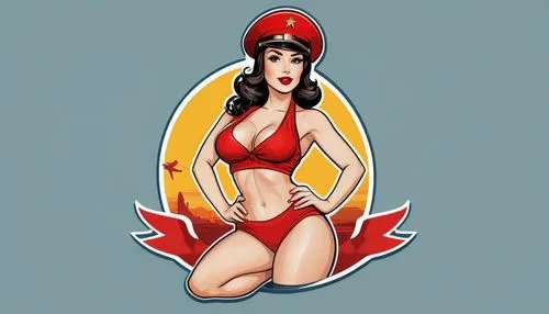 illustration pin up woman brunette russian, curvy body, stand body, mini bikini red, retro hat military soviet, chibi comic retro, soviet propaganda  background,retro pin up girl,retro pin up girls,pi