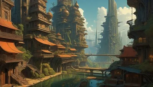 ancient city,fantasy landscape,fantasy city,futuristic landscape,mountain settlement,aurora village,escher village,environments,uzak,citadels,kinkade,ecotopia,skyscraper town,world digital painting,cityscape,backwater,fishing village,floating islands,medieval town,harbor,Illustration,Realistic Fantasy,Realistic Fantasy 28