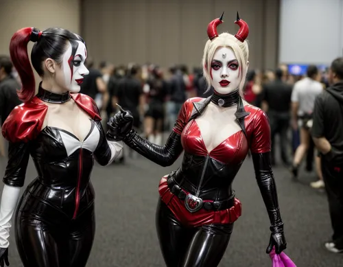 angel and devil,devils,comiccon,harley quinn,cosplay image,spawn,comic-con,cosplay,cosplayer,latex clothing,darth talon,butterfly dolls,harley,vamps,bad girls,devil,comic characters,widowmaker,diabols