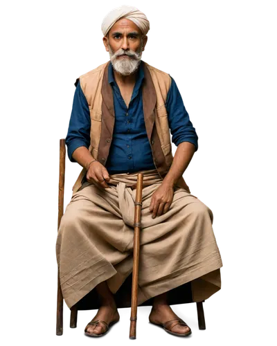 Old Indian man, white beard, wrinkled face, turban, traditional clothing, vest, dhoti, wooden cane, sitting cross-legged, serene expression, warm lighting, soft focus, cinematic composition, earthy to