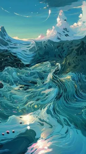 a painting that is very beautiful,ocean waves,water waves,ocean,ocean background,tidal wave,sea landscape,Conceptual Art,Fantasy,Fantasy 32