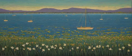 Boats Among The Lilies Painting,small boats on sea,boat landscape,regatta,sailing boats,sailboats,lake neuchâtel,row boats,gondolas,estuarine,boats,lotuses,osaka bay,water lilies,fishing boats,vincent